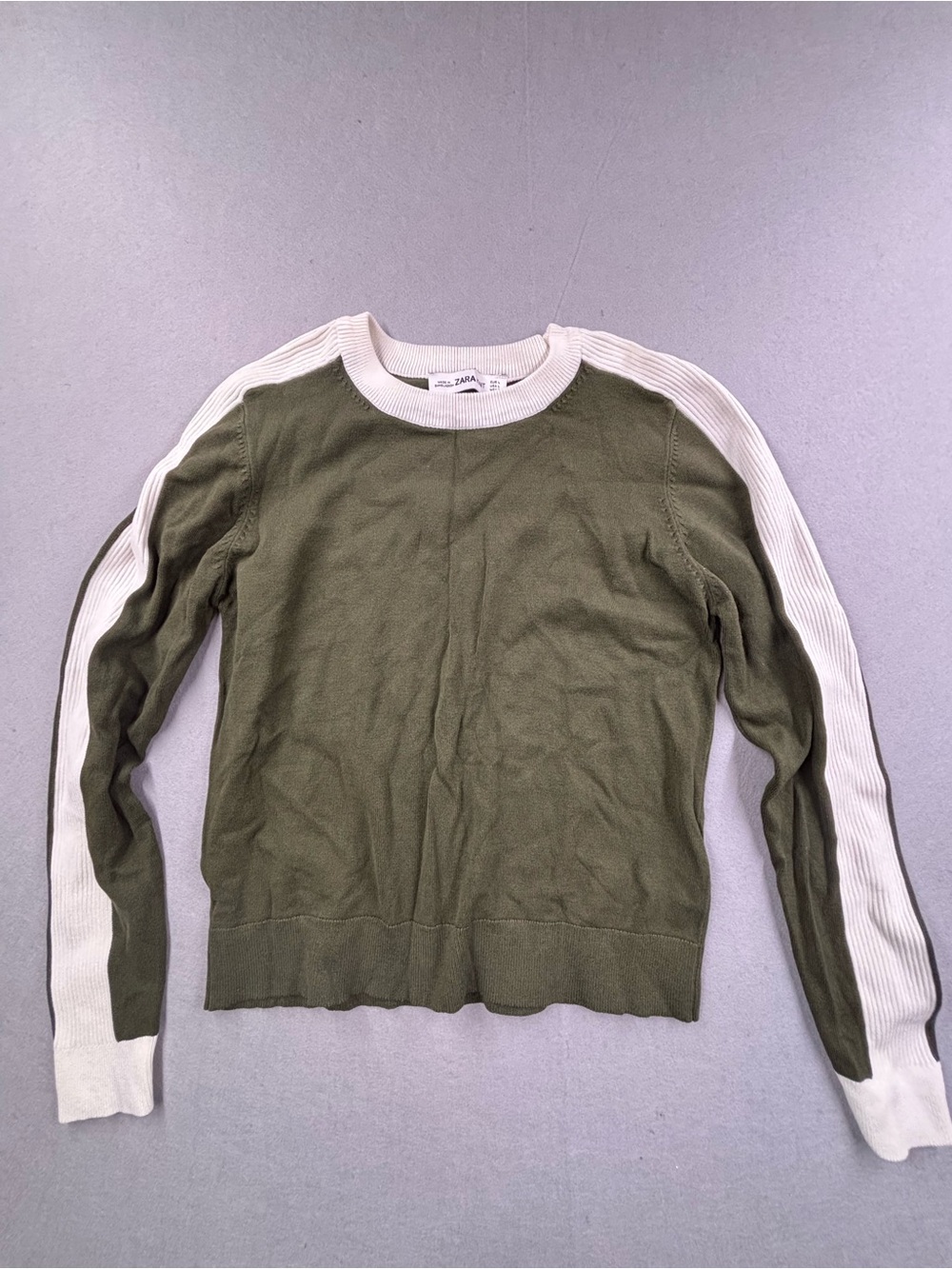 Zara Olive Green Crewneck Sweater with Cream Sleeve Stripes‎